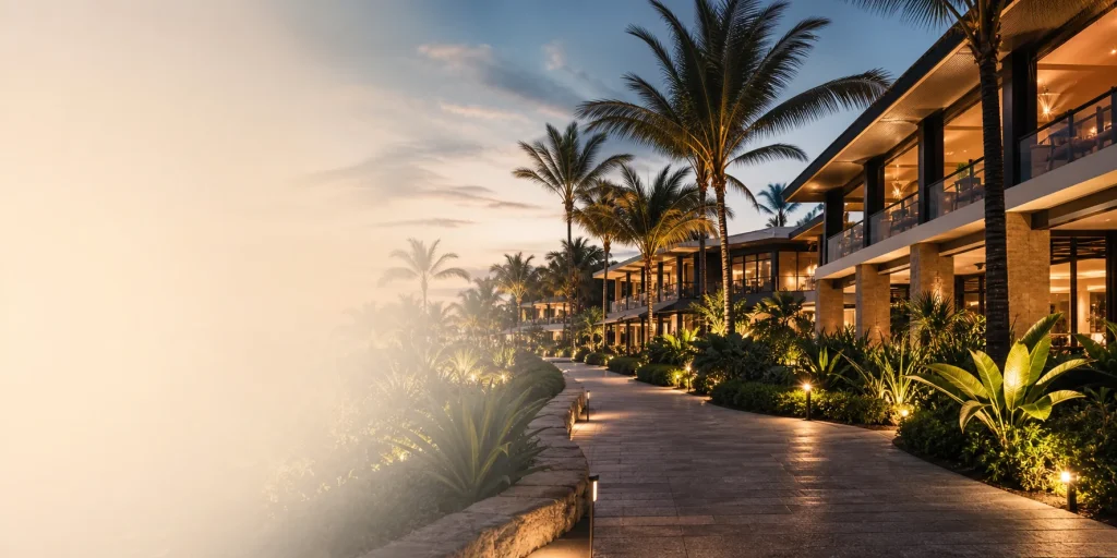 Commercial hospitality environment at dusk