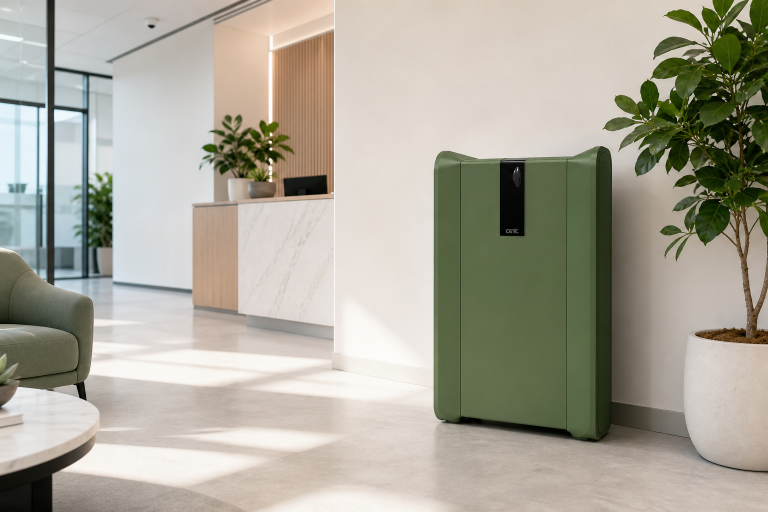 CMCS-02P air disinfection machine shown in a clean office lobby context