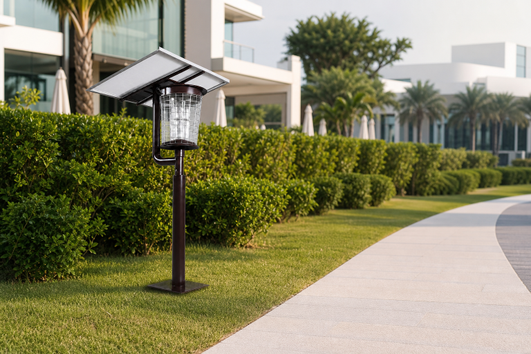 Outdoor insect control lamp shown beside a managed resort garden path
