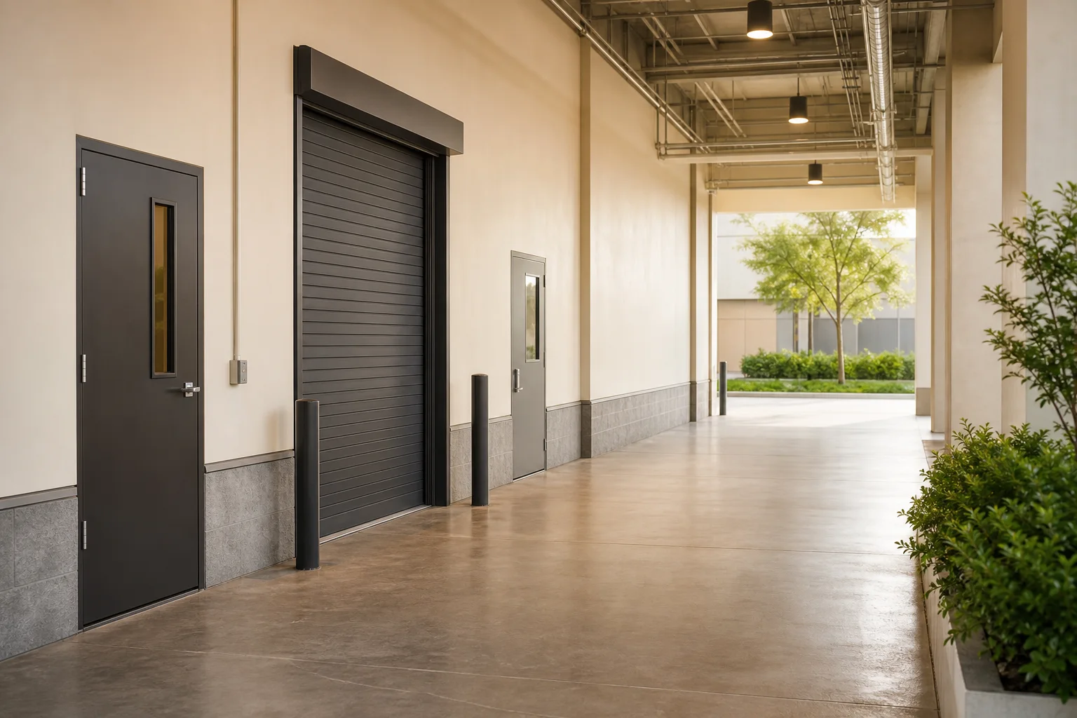 Commercial interior service corridor with a landscaped courtyard view