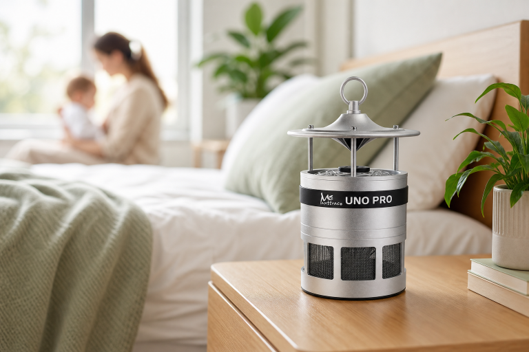 Indoor suction trap shown on a bedside table with a softly blurred family background
